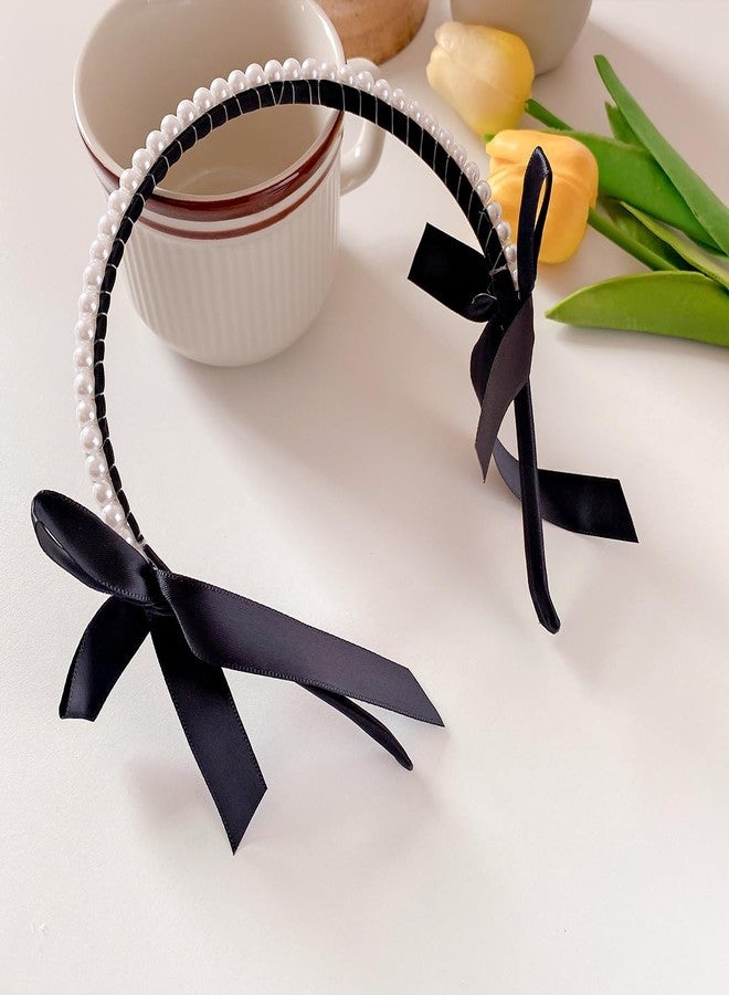 TUCEWP Pearl Headbands for Women Girls Sweet Satin Bow Headbands Non Slip Bridal Hair Hoop Cute Black Turban Headband Bling Beaded Head Bands Party Wedding Headwear Vintage Styling Tools Accessories - Image 5